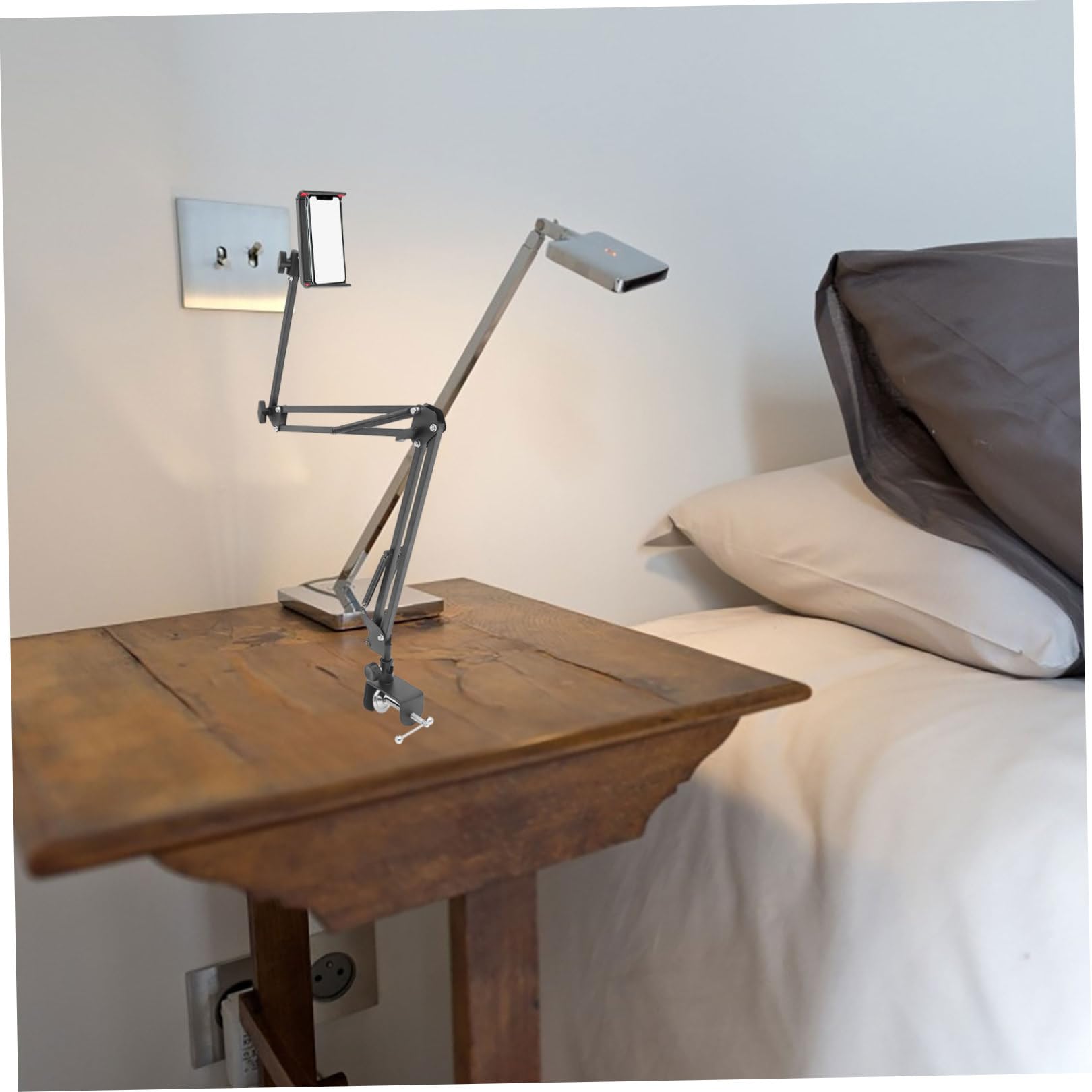 SHINEOFI Metall Tablette Halterung Tisch mit Ausziehbarem Teleskoparm Klappbar Robuste Handyhalterung aus Kunststoff für Entspanntes Liegen im Bett und Verstellbare Blickwinkel