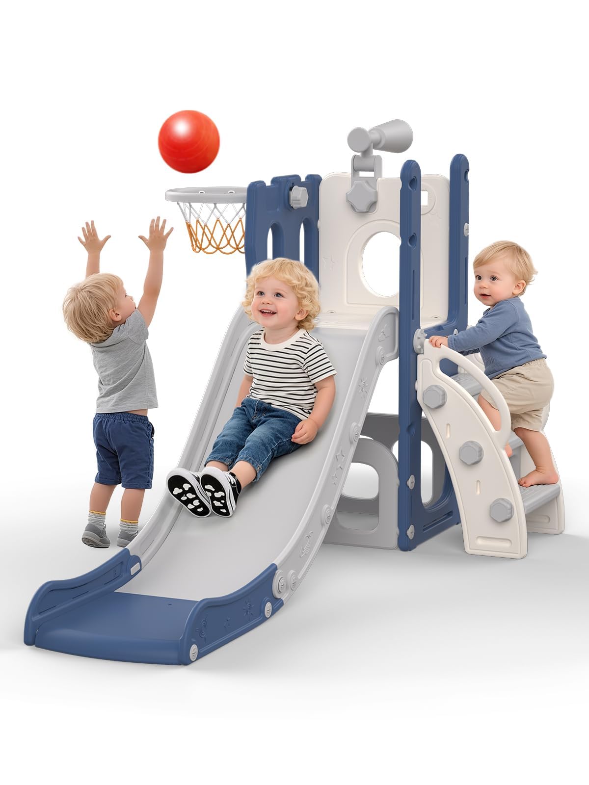 Tobogán Infantil con Aro de Baloncesto, Pelota y Telescopio de Juguete, Parque de Juegos Interior y Exterior para Bebés y Preescolares(Azul)