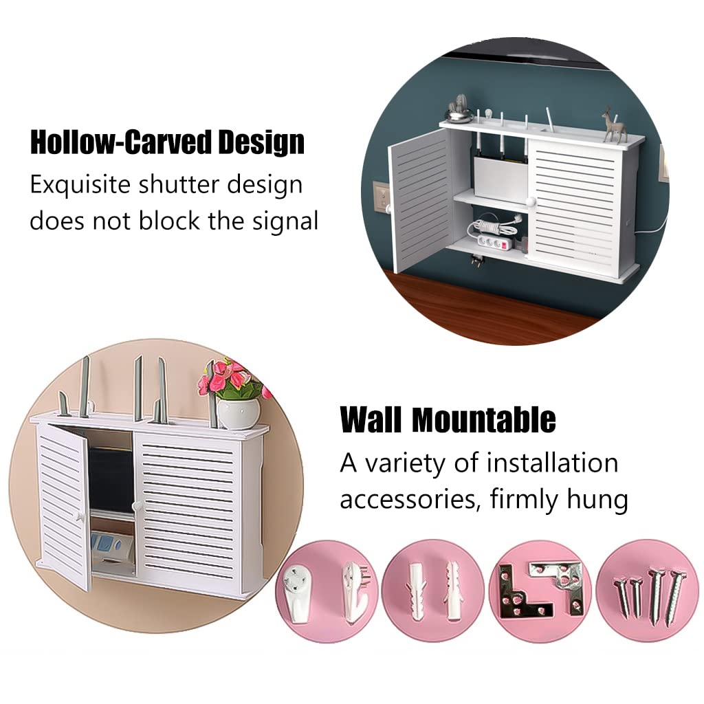 Étagère murale flottante pour routeur WiFi et boîtier décodeur, étagère de rangement à 2 niveaux, organiseur blanc élégant pour la maison et le bureau, design moderne, peu encombrant (48 x 11 x 31,5