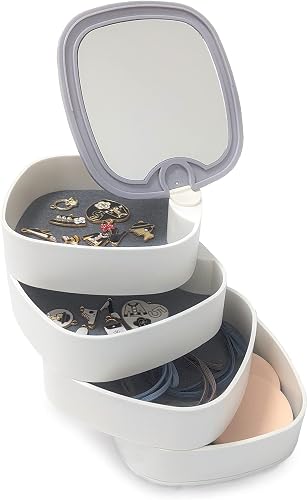 Jewellery Organiser 4 Layer 360 Degree Rotating, Travel Jewellery Box for Girls, Earring Storage with Mirror, Earring Holder for Ring Necklace Bracelet Watch Lipstick (White)