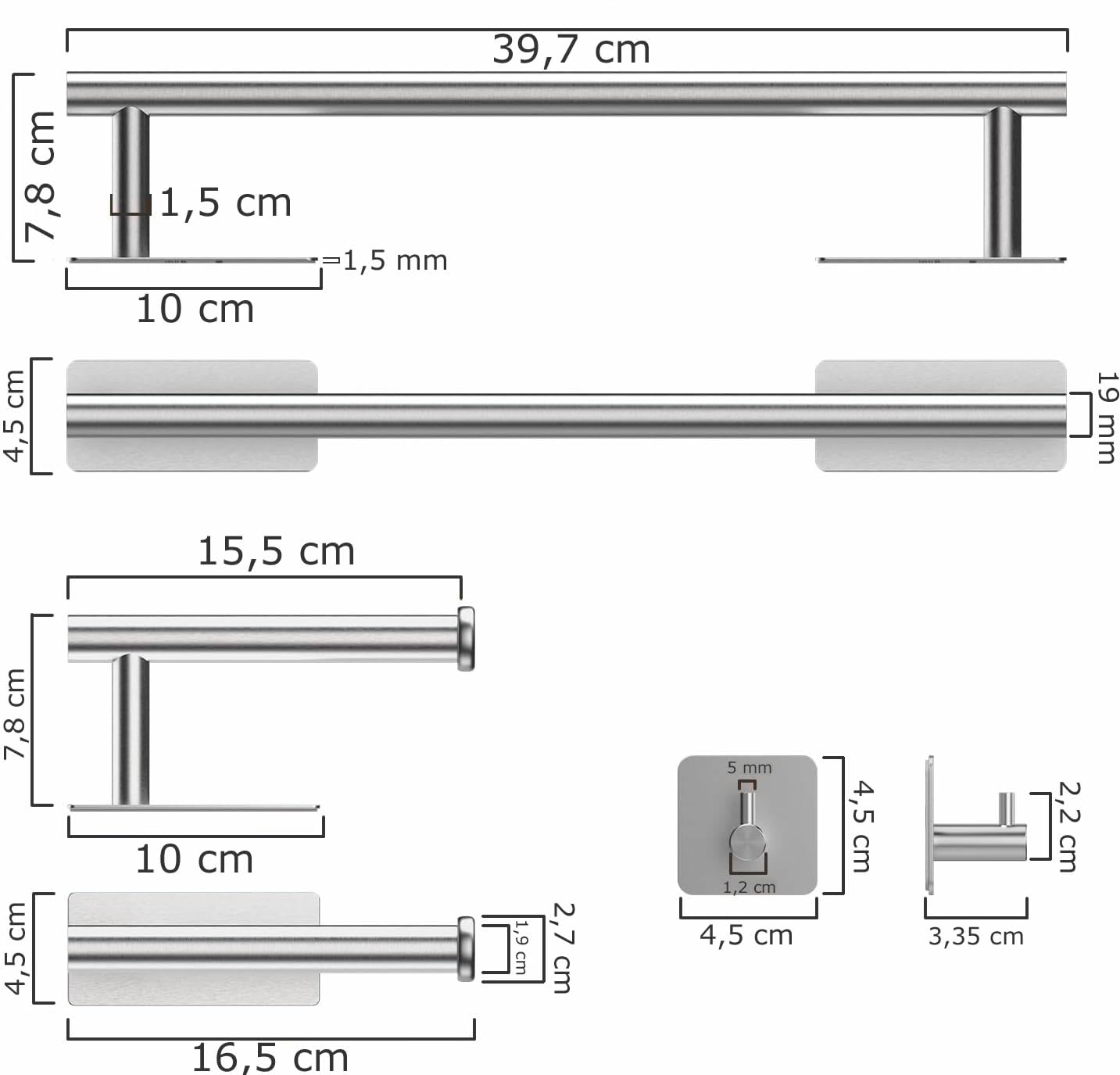 Set porta Asciugamani da Bagno Completo Adesivo, include Porta Asciugamani, Porta Rotolo Carta Igienica, tre Ganci Appendi Asciugamani, Accappatoio, Salvietta, in Acciaio Inossidabile, Accessori Casa