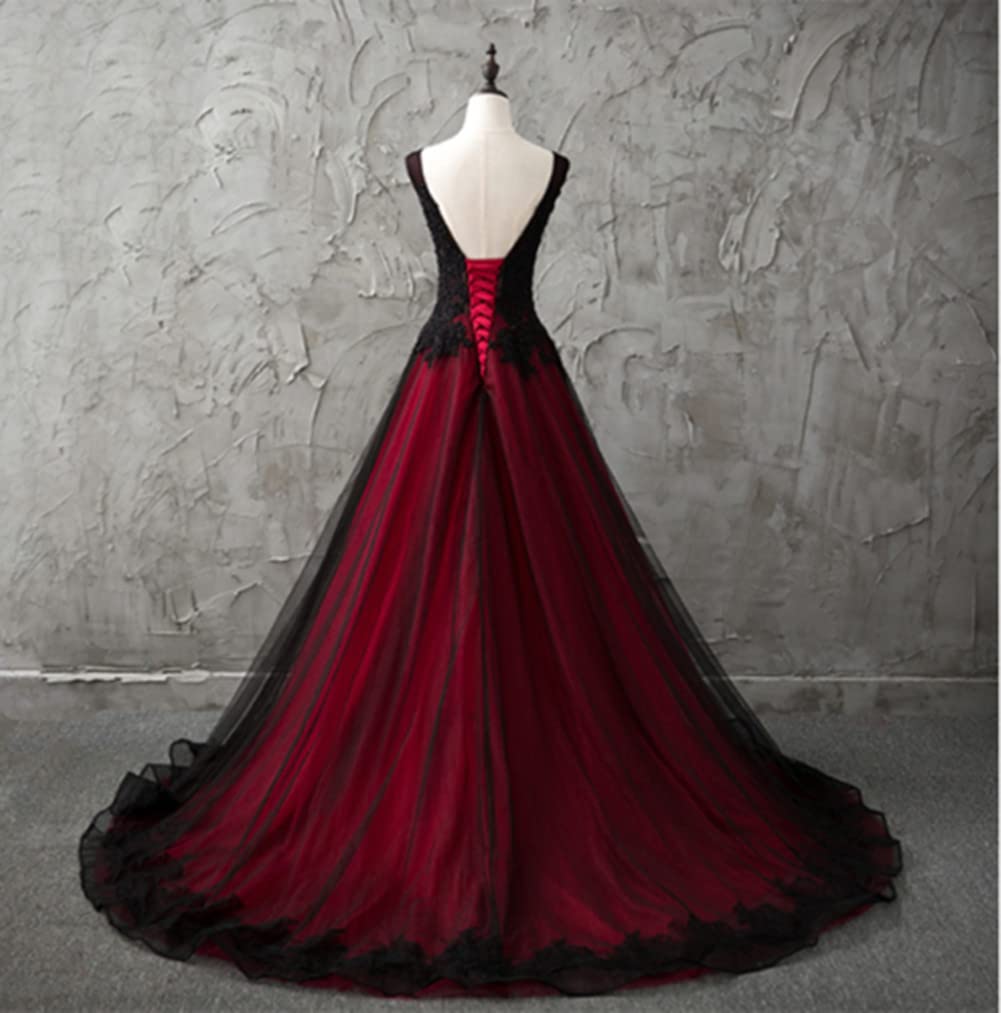 Damen Applikation Gothic Brautkleid V-Ausschnitt A-Linie Brautkleid mit Schleppe