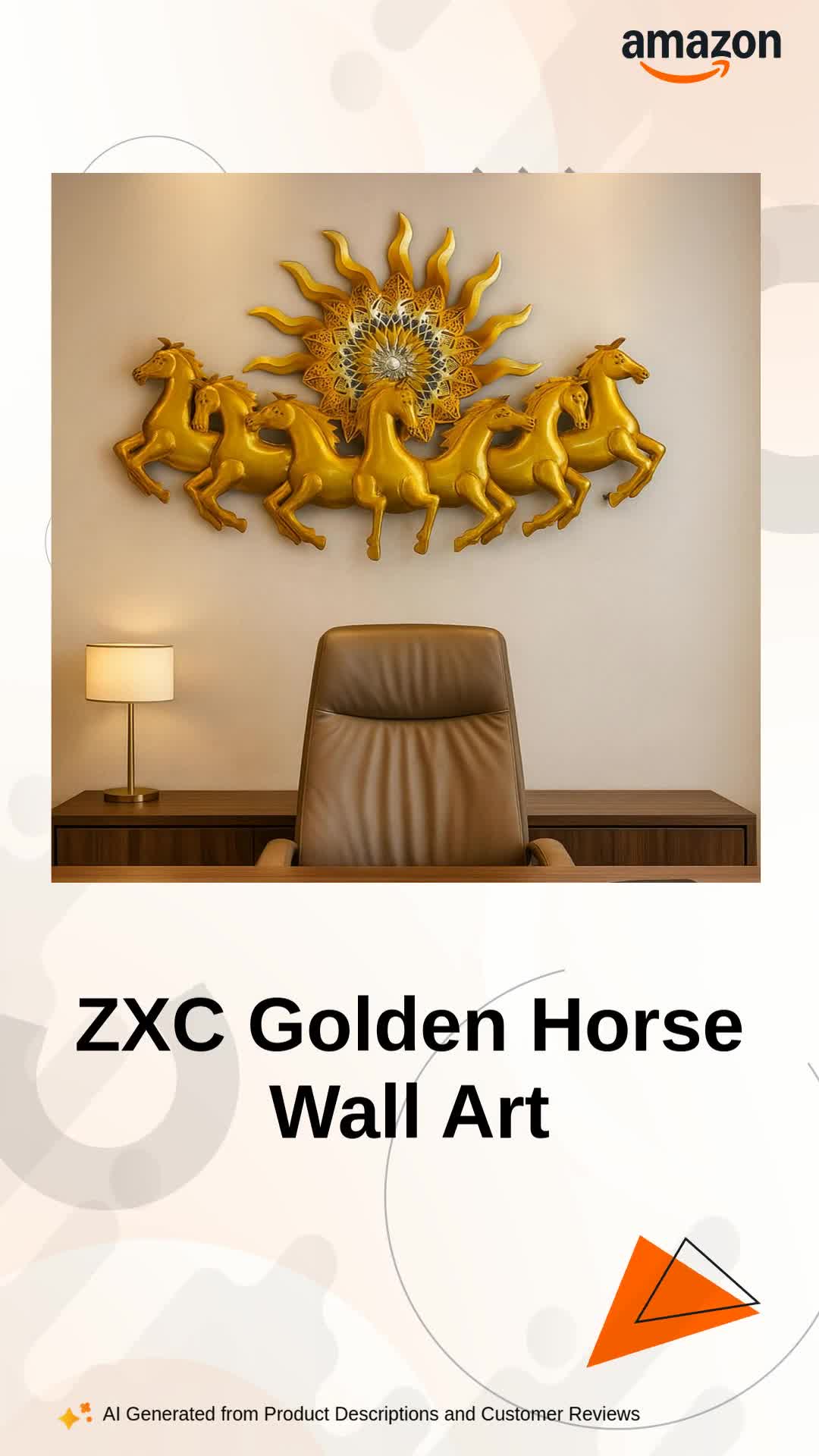 ZXC Decorative Wall Art, Golden Running 7 Horses with Sunburst