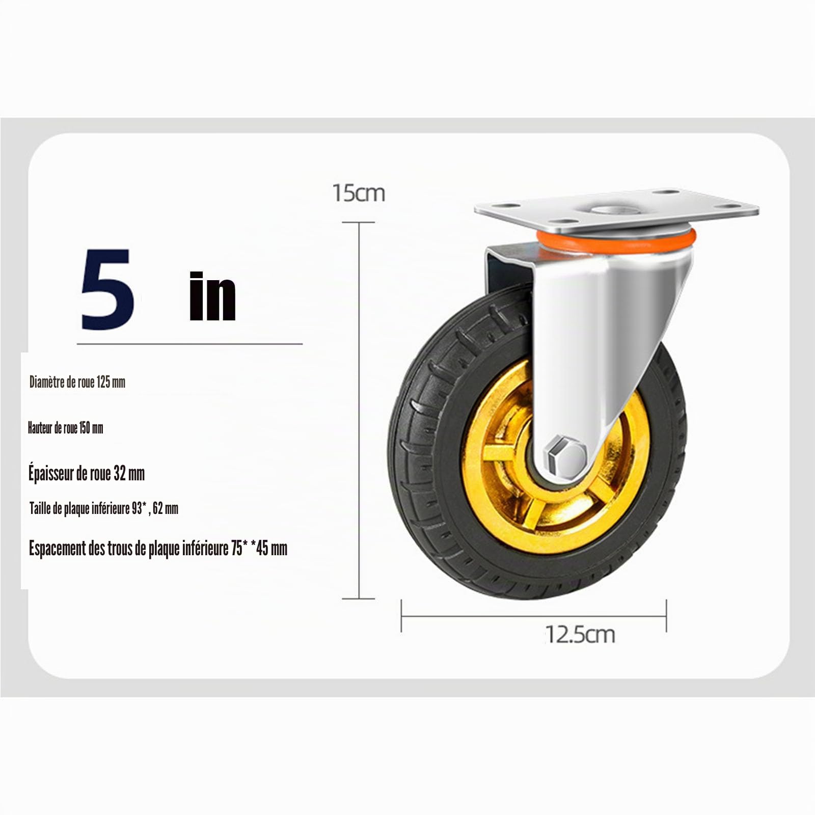 5" Roulettes avec double serrure de sécurité, set de 4, Heavy Duty, charge maximale 2000lbs, pour chariots, meubles, tables de travail (Noir, 13cm/5", 2 Roues fixes+2 Roulettes avec frein)
