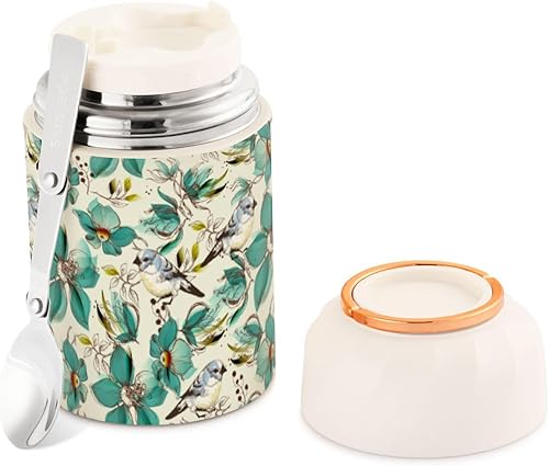 Flowers Birds Food Jar with Spoon Stainless Steel Vacuum Insulated Food Container 17 oz Food Flask for Adults