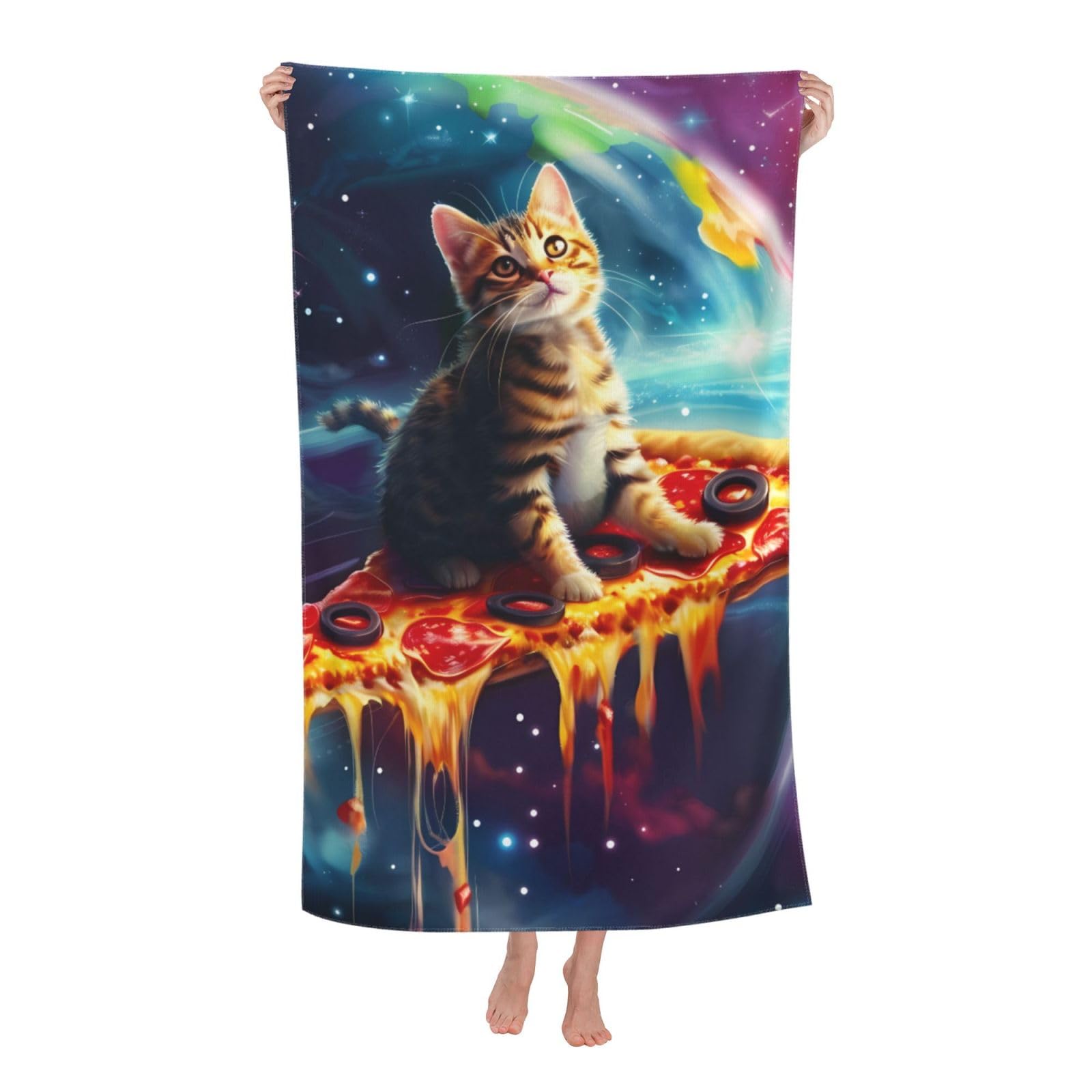 LSRCPD Beach Towel Cat On A Pizza Planet Microfiber Beach Towels Blanket Oversized Tropical Big Extra Large XL Pool Towels Quick Dry Sandproof for Women Girls Kids