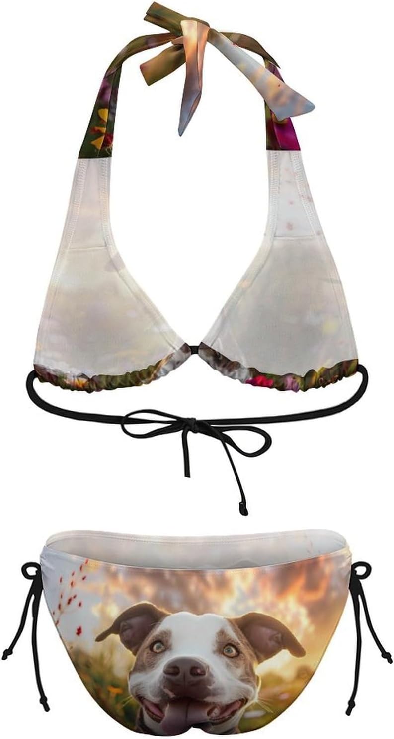 Pit-Bull Dog Flowers Novelty Women's 2 Piece String Bikini Set Swimsuits Bathing Suit Swimwear