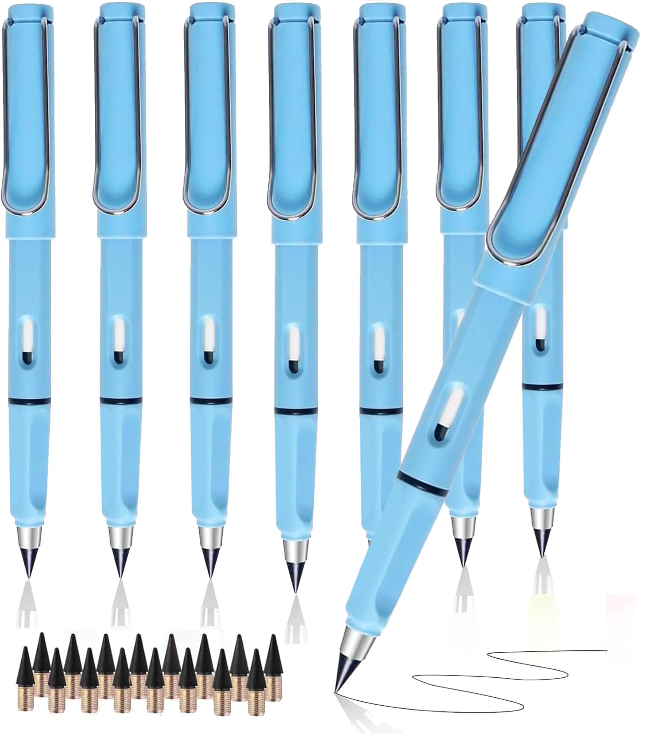 XIUSHE 8PCS Infinity Forever Pencils for Writing-0.7mm Infinite Everlasting Metal Inkless Pencils Set,Technology Magic Writing Pencil For School Office Professional Use (Blue,8)