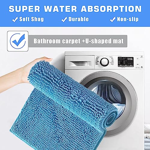 Novobey Bathroom Rugs Sets 3 Piece,Ultra Soft Non Slip Chenille Bathroom Rugs Machine Washable Quick Drying Bath Mat,Perfect Plush Bath Mats For Bathroom, Shower, Bath Room,Living Room (Blue) #TOP6