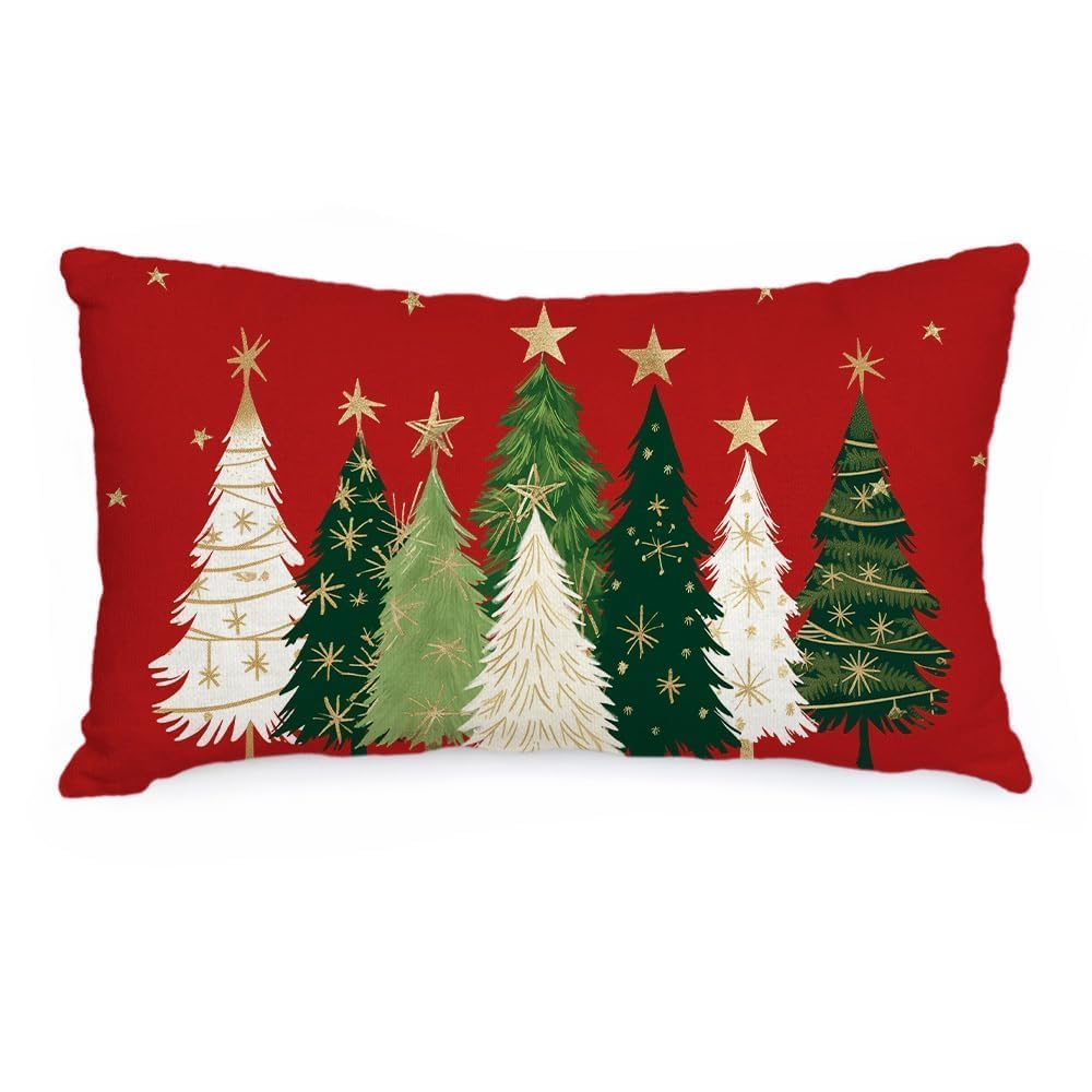 AACORS Christmas Pillow Cover 12X20 Inch Watercolor Christmas Tree Stars Decoration Holiday Farmhouse Winter Pillow Case for Sofa Couch Decor（Red