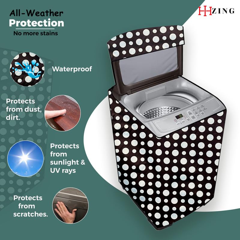 Image of Waterproof washing machine cover Perfect for Whirlpool 6.5 Kg Fully Automatic Top load Black Polka dot print