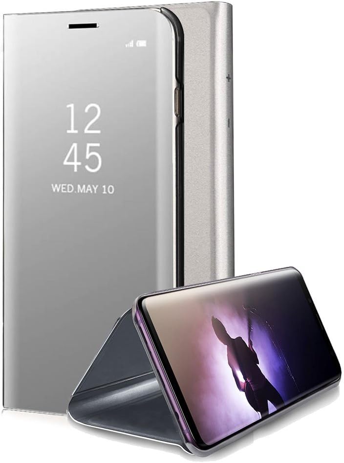 for Samsung Galaxy Note 8 Mirror Case, Aearl Plating PC Smart Clear View Window Vertical Flip Standing Cover Full Body Bumper Shell with Screen Protector Kickstand for Galaxy Note 8 - Silver