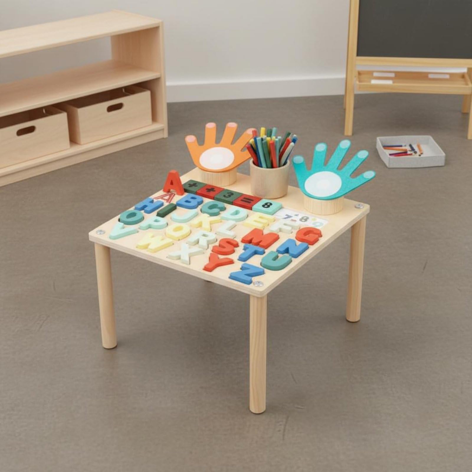 Children Learning Board Tavolo Interattivo Bambini Pannello Educativo Lavagna in Legno con Numeri Lettere E Spazio Scrittura per Coordinazione E Logica Adatto per Aula Nido Cameretta