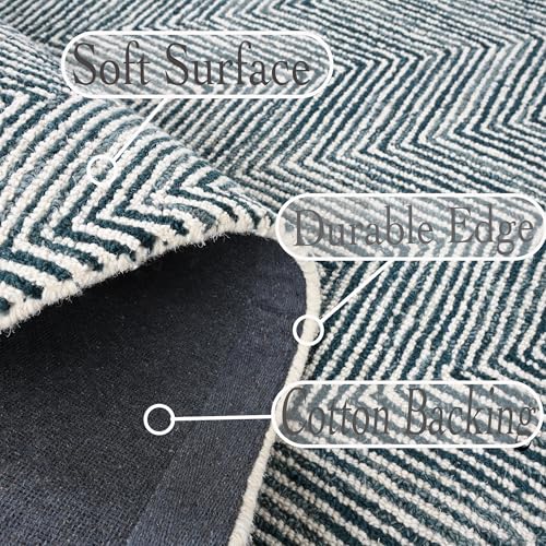 Image of Modern Herringbone Chevron Collection Handcrafted Wool Area Rug - Durable, Zigzag Pattern, for High Traffic, Contemporary Design for Living Room, Bedroom, Dining Room Decor (Deep Teal, 8' x 10')