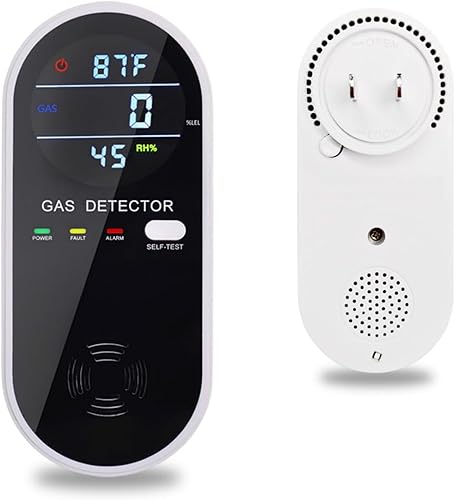 Detector de gas natural 3 en 1 con pantalla de temperatura y humedad, detector de fugas de gas propano combustible con enchufe y alarma audiovisual