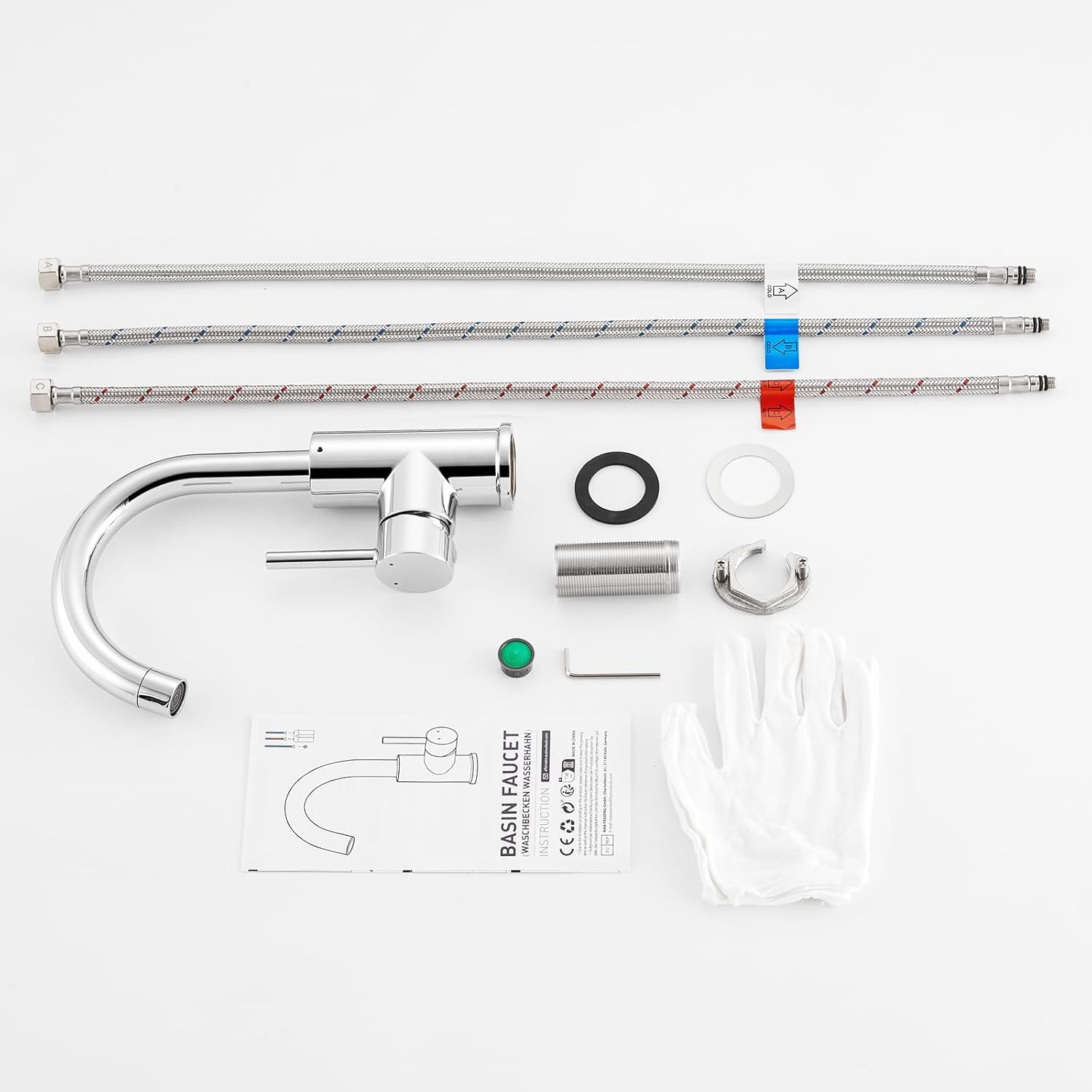 Auralum Niederdruck Armatur Bad Wasserhahn mit 3 Anschlüssen für Boiler | Waschtischarmatur hoch, 360° Schwenkbar, Strahlregler abnehmbar, Auslaufhöhe 147 mm, für drucklose Warmwasserspeicher, Chrom