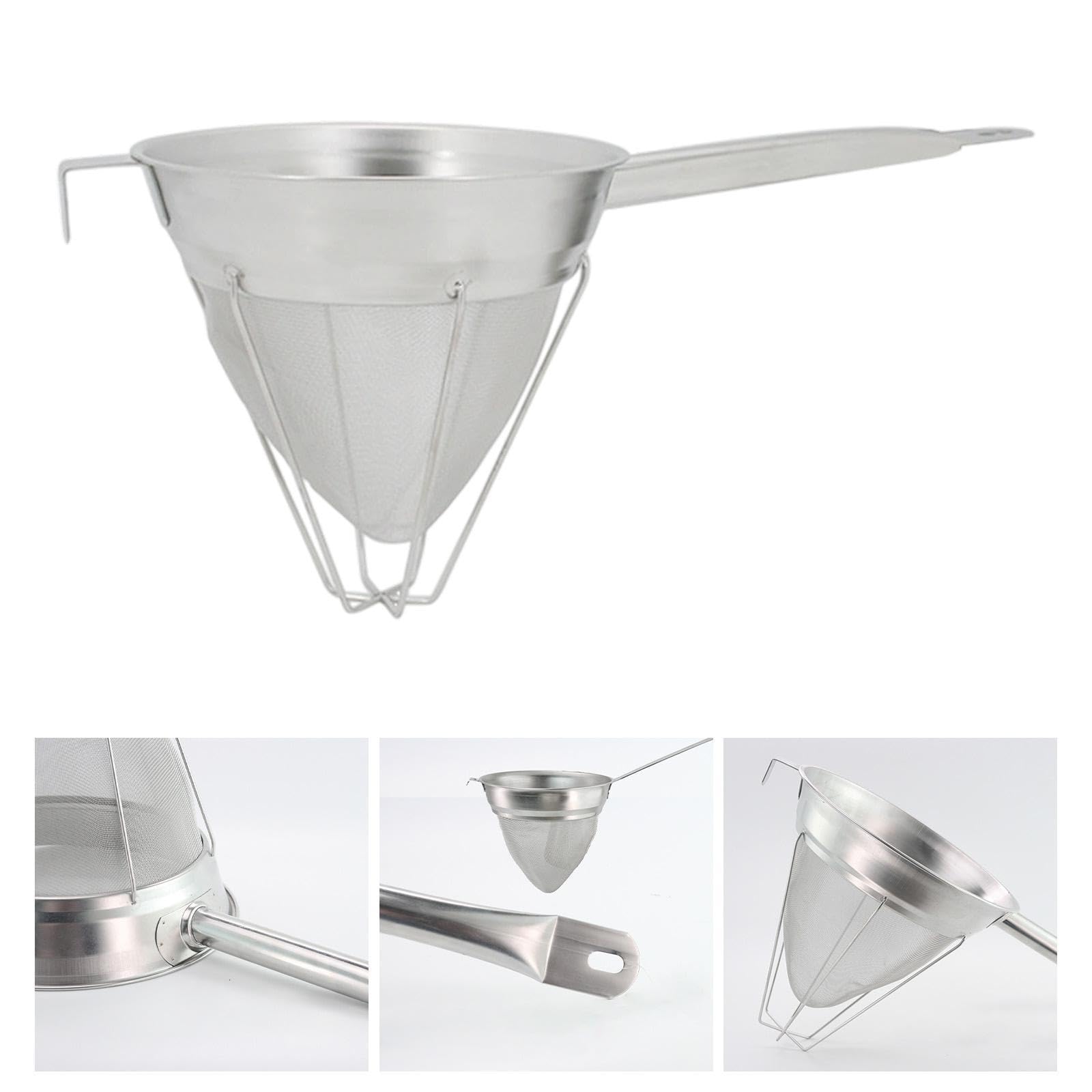 Tamiz de malla fina con mango largo, con soporte, con base, cesta de filtro de cocina, embudo de filtro estable para harina, zumo, azúcar (25 cm)
