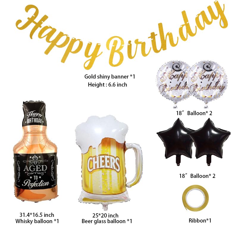 Image of Beer Cup Balloons Whiskey Bottle Beer Mug Shape Mylar Foil Balloon Latex Black Balloon Golden Banner Summer Party, Beer Festival, Birthday Party (Banner + beer balloon)
