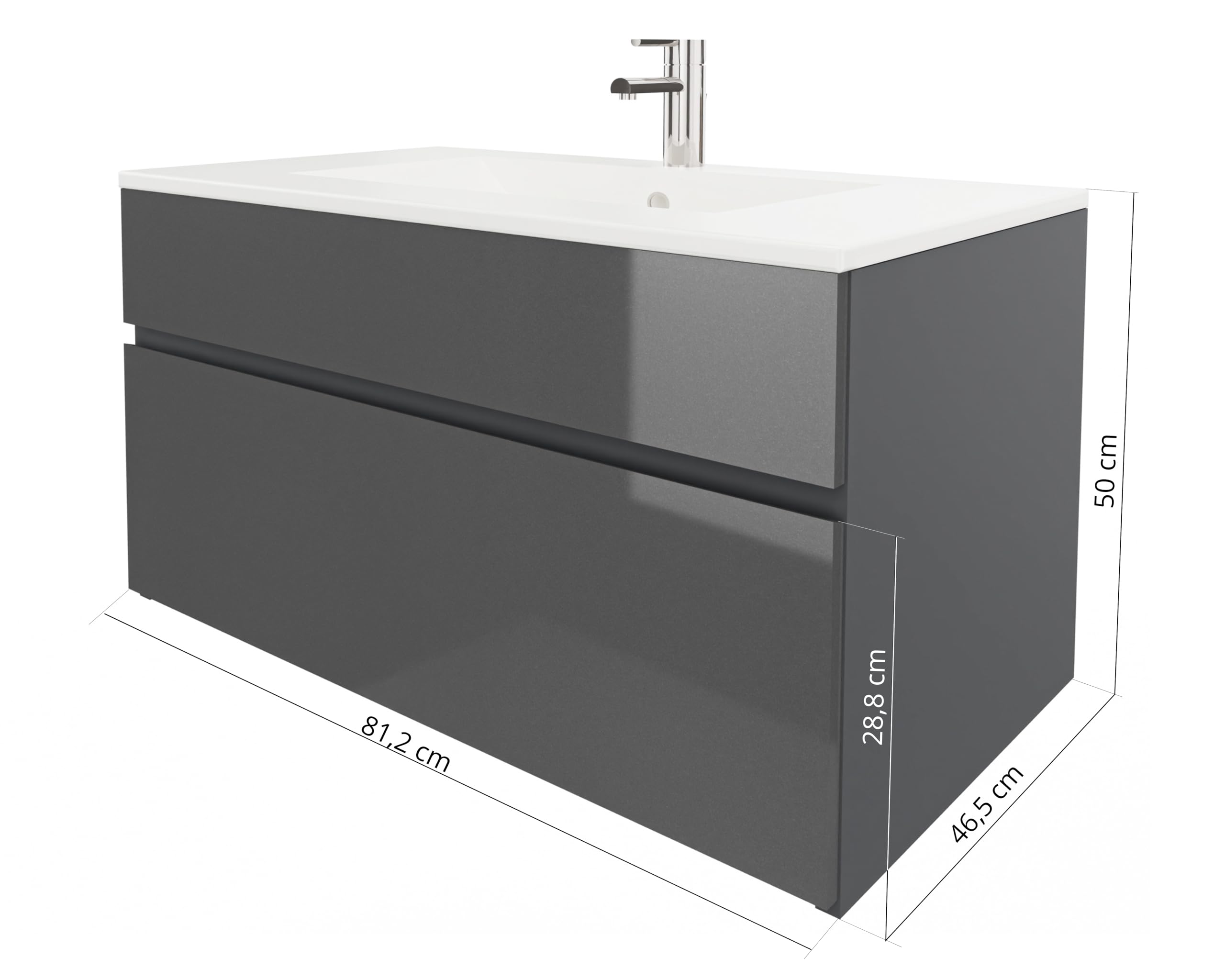 wohnartig® Stella Waschtischunterschrank – Hängend | Anthrazit | Anthrazit Hochglanz | 81,2 × 46,5 × 50 cm | Moderner Waschbeckenunterschrank mit Keramikwaschbecken | Waschbecken mit Unterschrank