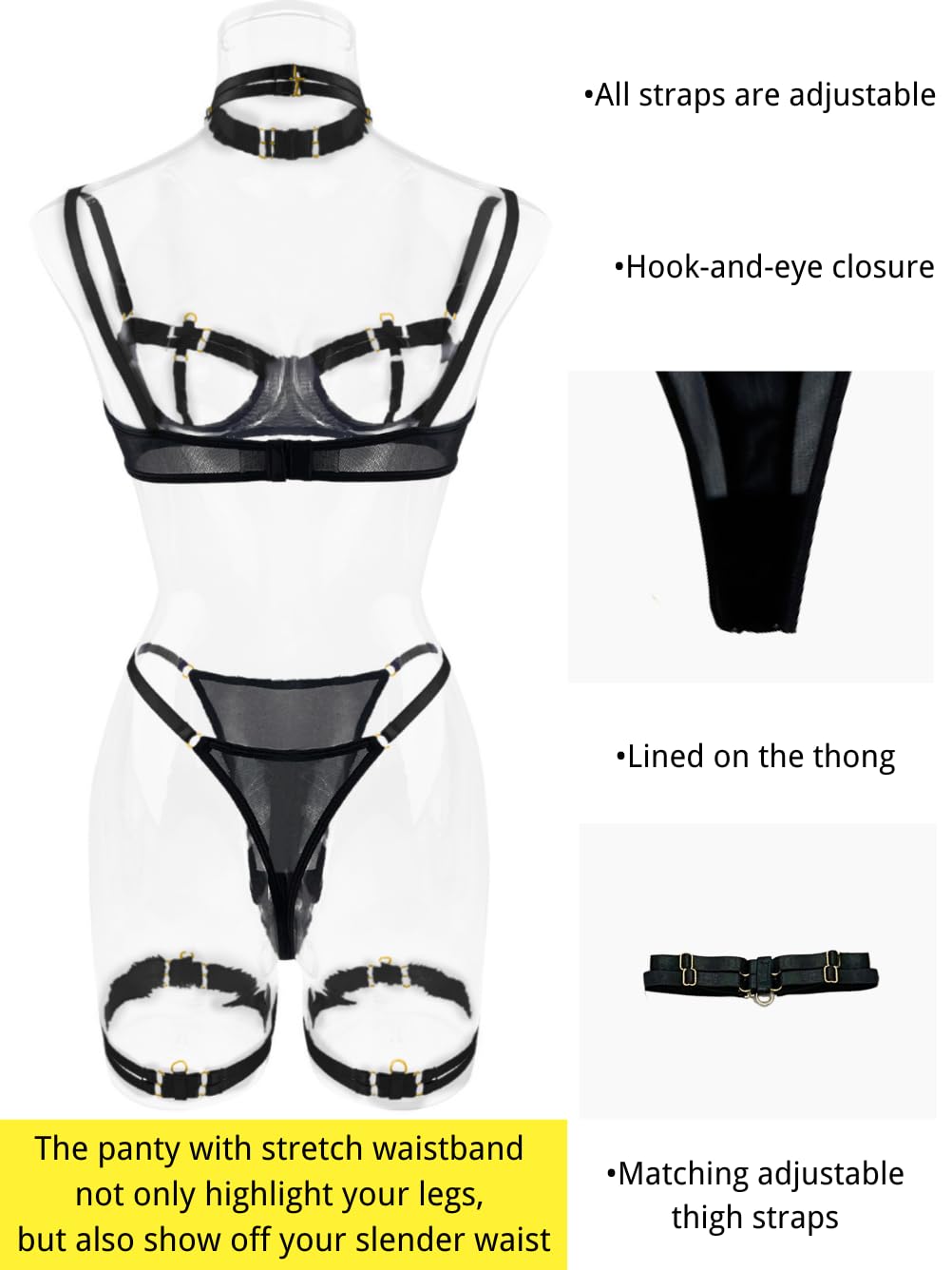 Kaei&Shi Glow Under Black Light, Party Boudoir Outfits, 4PC Peekaboo Lingerie: 0-2 Neon Green