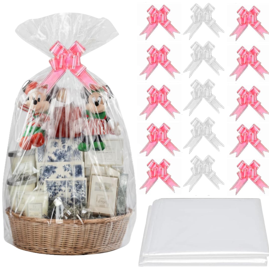 30pcs Extra Large Cellophane Bags for Hampers 70 x 100 CM (15 Bags + 15 Pull Bows) - Hamper Wrapping Cellophane, Clear Cellophane Wrap Bags for Gifts Packaging Hamper for Christmas, Halloween or Craft