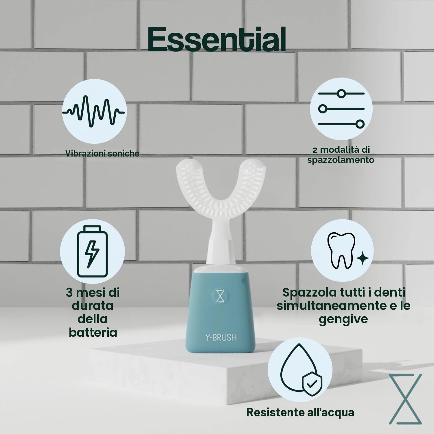 Y-Brush Essential - Spazzolino da denti elettrico sonico, automatico, 3 mesi di autonomia, 2 modalità di vibrazione, clinicamente dimostrato dai dentisti