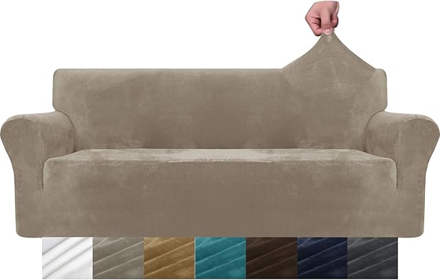 MAXIJIN Thick Velvet Sofa Covers 3 Seater Super Stretch Couch Cover for Dogs Cat Pet Friendly 1-Piece Elastic Furniture Protector Plush Sofa Slipcovers (3 Seater, Khaki)