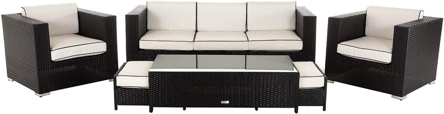 Rattan Garden Sofa Set 3 Seat Sofa 2 Armchairs Coffee Table & Footstools Outdoor Patio Furniture With FREE Outdoor Cover