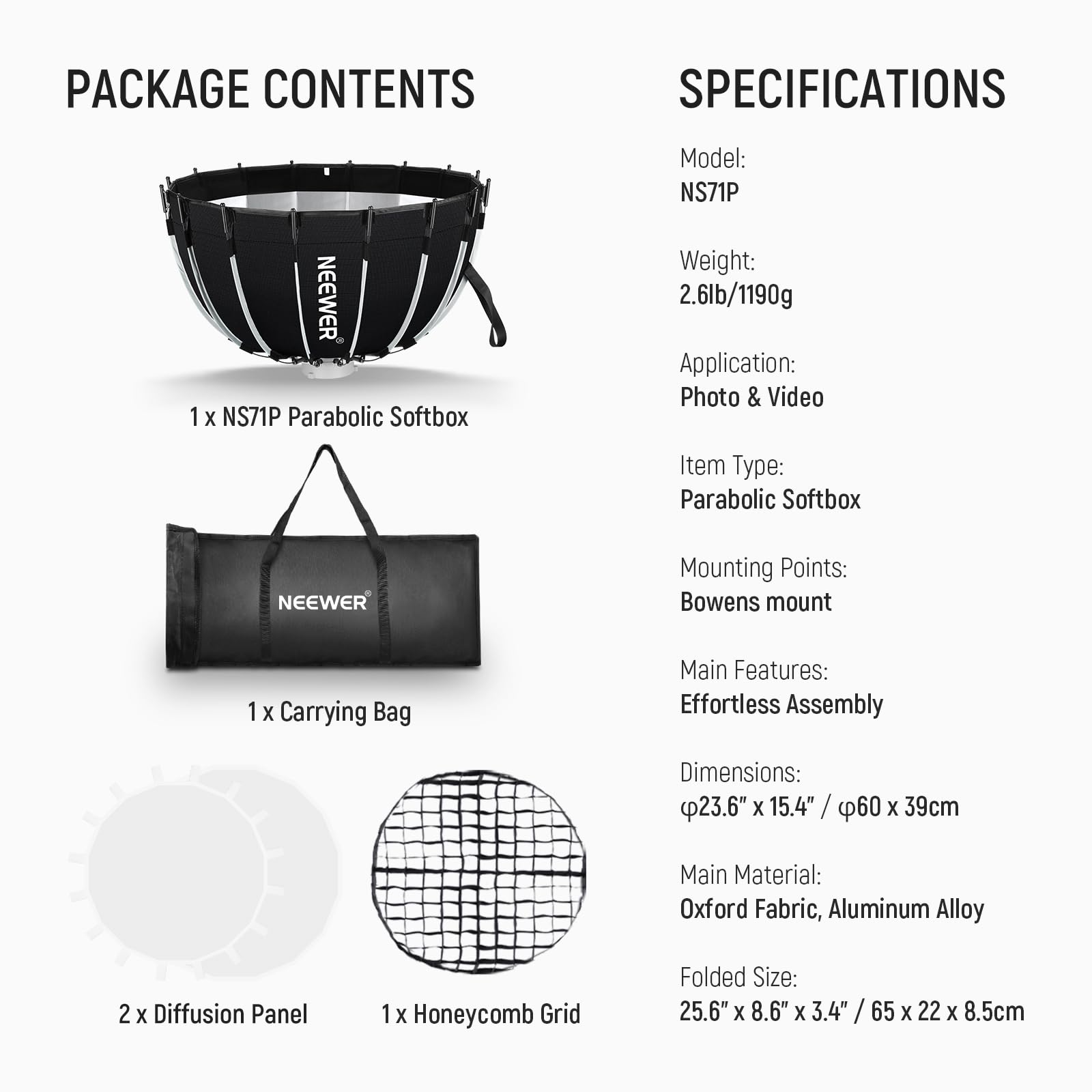 NEEWER Paraboliczny zestaw softbox, 59.9 cm, z dyfuzorami światła, do fotografii studyjnej, nagrywania wideo, strumieniowego oświetlenia, kompatybilny z Aputure 120D, kompatybilny z Godox SL60w, NS71P