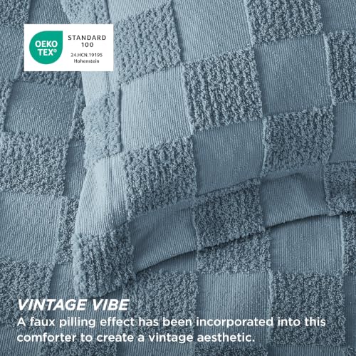 Image of Bedsure Mineral Blue Queen Size Comforter Set, Boho Tufted Bed Set, Checkered Farmhouse-Style Distressed Vintage Bedding, 3 Pieces, 1 Plaid Geometric Comforter and 2 Pillow Shams