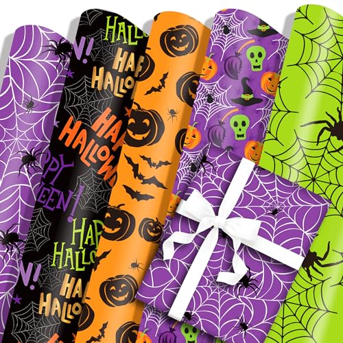 5 Sheet Halloween Wrapping Paper Scary Decorative DIY Art Craft Paper for Hallows Eve Party Gift Packing Bat Spider Web Pumpkins Ghost Gift Wrap Papers Sheets 19.7 x 27.6 Inch