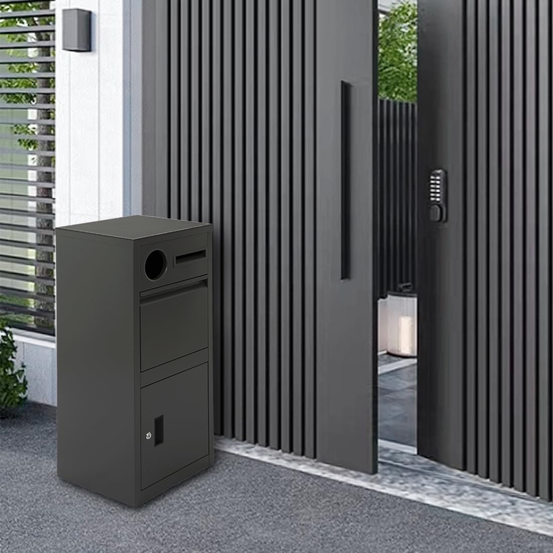 Buzón con compartimento para paquetes, caja de paquetes con cerradura para exteriores, buzón grande de pie, caja de paquetes con compartimento para periódicos, buzón de metal, buzón inoxidable,