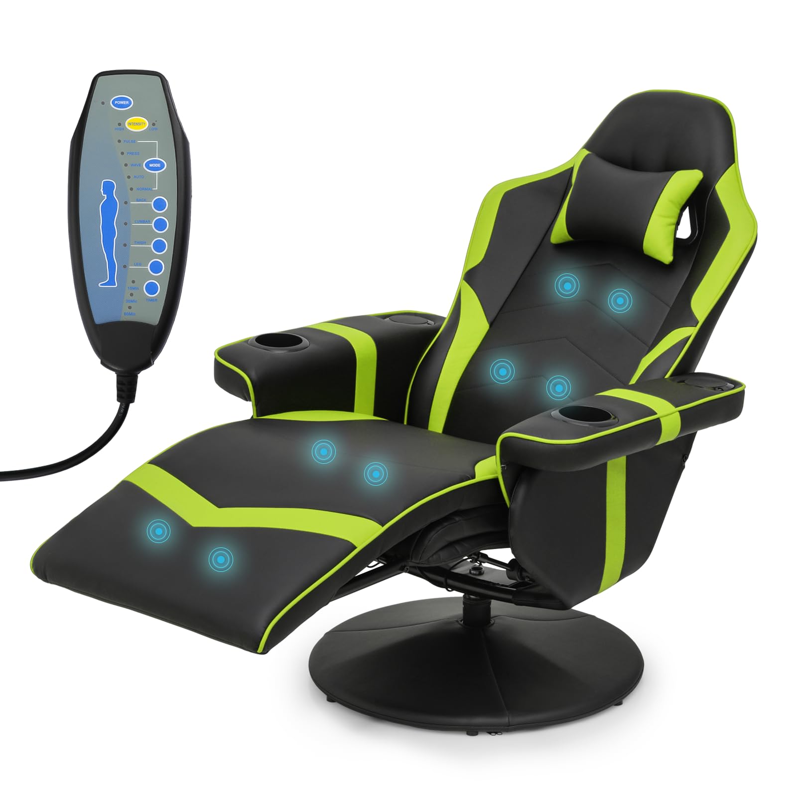 Athena Collection Massage Gaming Chair with Bluetooth Speaker Ergonomic Computer Desk Chair Swivel Office Chair Adjustable Recliner PU Leather Chair w/Footrest Cup Holder Side Pouch Headrest, Green
