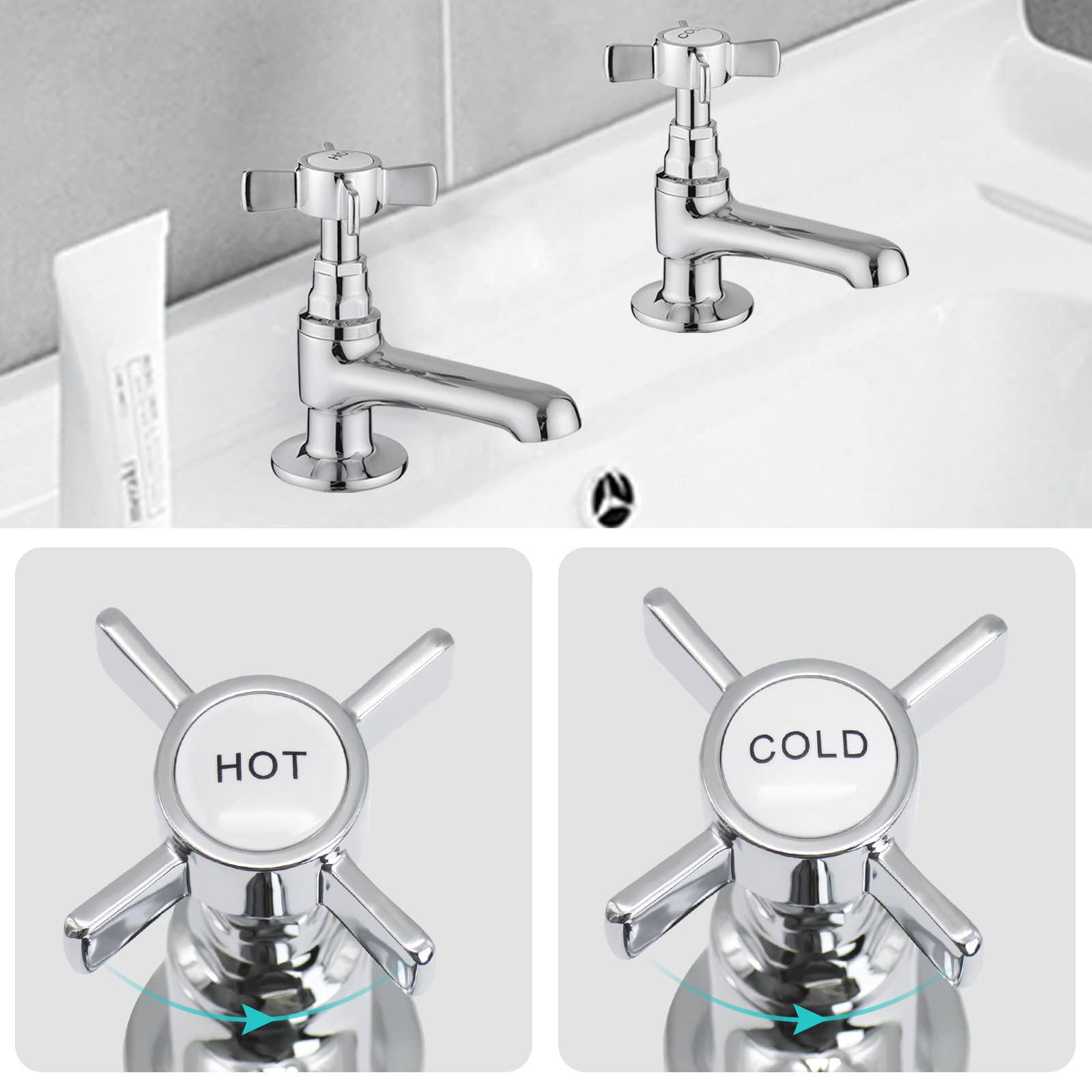 JASSFERRY - Coppia di rubinetti per lavabo, con manico a croce in ceramica, per lavandino da 1,2 cm