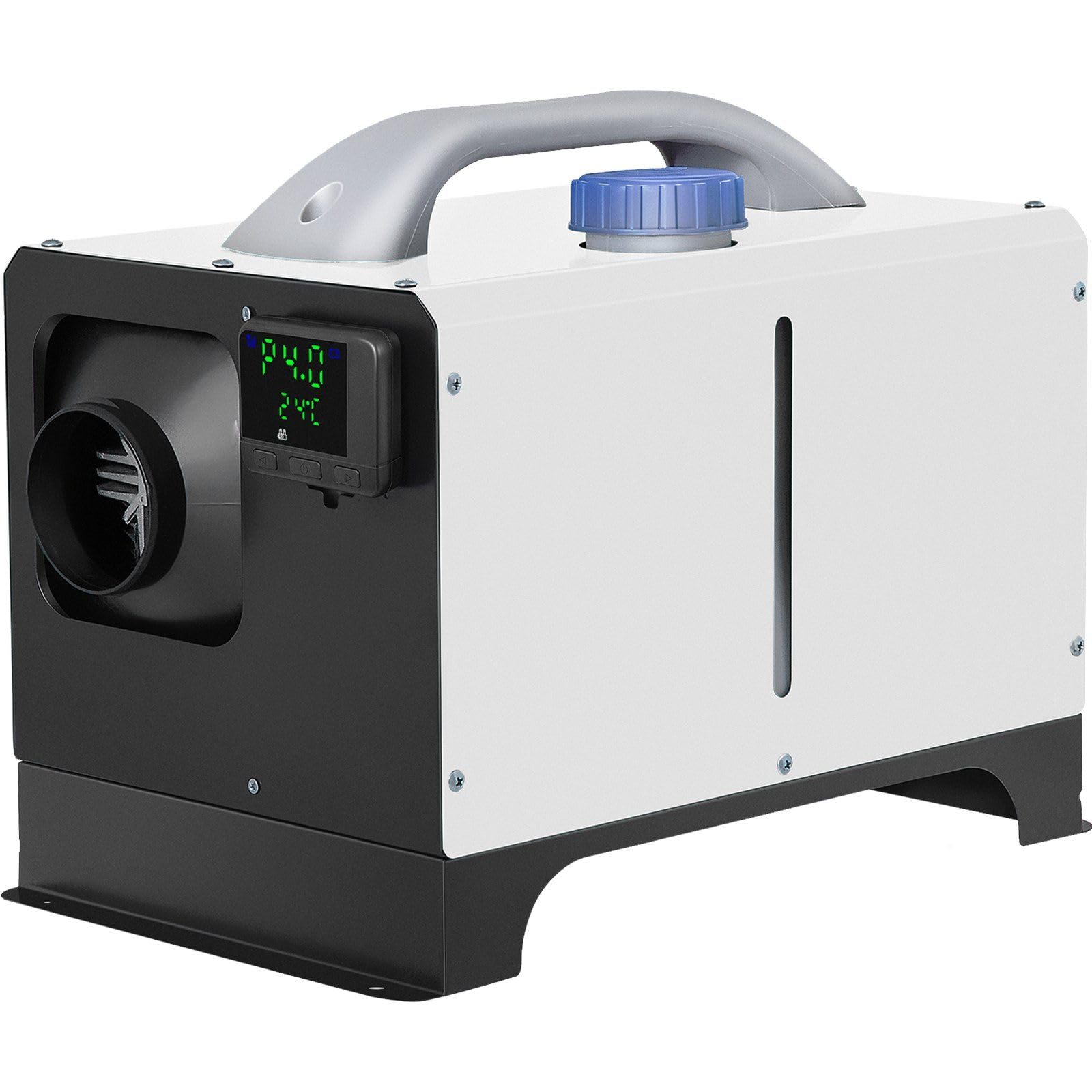 Diesel air heater shown with various application icons including motorhome, truck, bus, boat, cabin, and warehouse