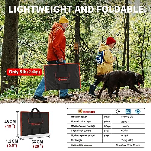 DOKIO 110W 18V Kit de painel solar portátil Carregador solar dobrável com 2 saídas USB para 12v Bate