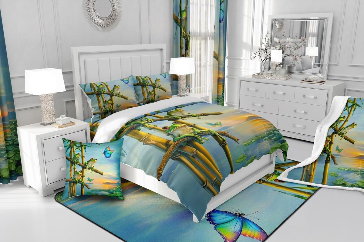 Feelyou Frog Fleece Throw Blanket Queen 90"x90" Cute Plush Blanket for Boys Girls Teens Funny Animal Theme Sherpa Blanket Blue Green Fuzzy Blanket Room Decor Small Animall Flannal Blanket