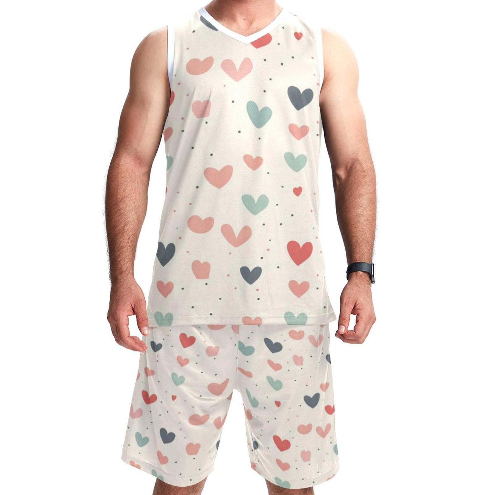 Herren-Basketballanzug mit Taschen, Sportbekleidung für Männer und Frauen, Teamuniform, niedliches buntes Herz, Größe 5XL