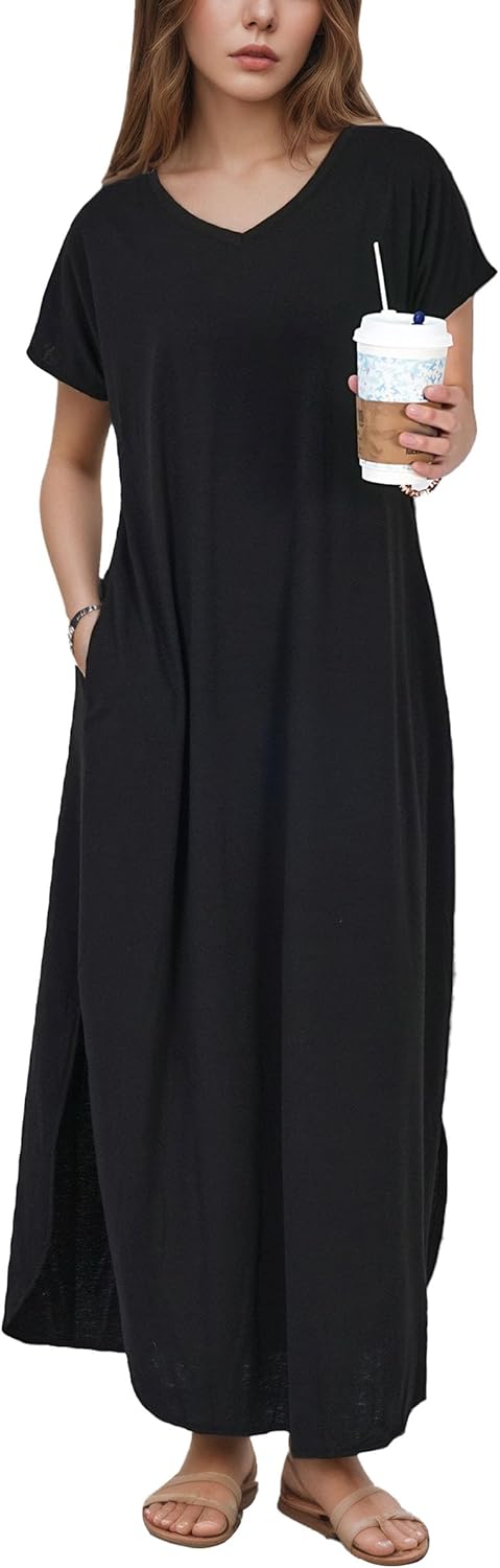 (Large) Black Maxi Dress for Women, Casual Loose Long T Shirt Dress with Short Sleeve and Split Design - Ideal Beach Vacation Attire Large Black