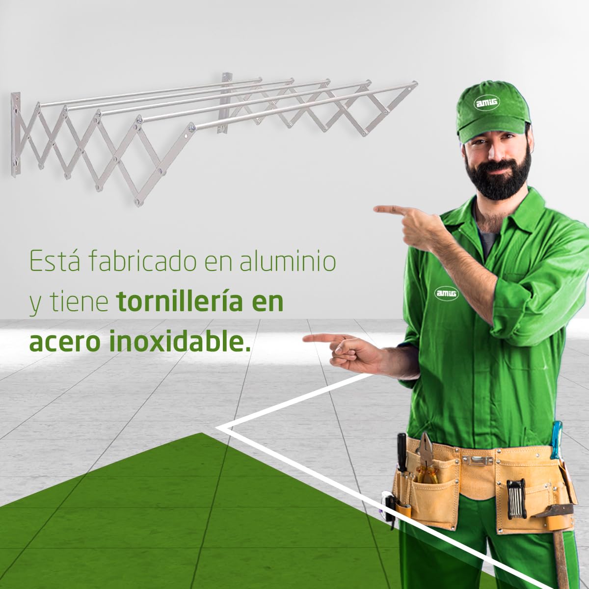 Amig - Tendedero Extensible de Pared - Medidas: 180x14x3 cm - Superficie de Tendido: 9 m - Aluminio Inoxidable - Tornillería en Acero Inoxidable - para Interiores y Exteriores - Fácil Instalación