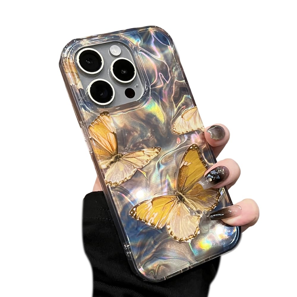Zkacase Designed for iPhone Case,Water Ripple Pattern Glitter Butterfly Soft Shockproof Protective Cover Phone Case (Yellow,iPhone 14)
