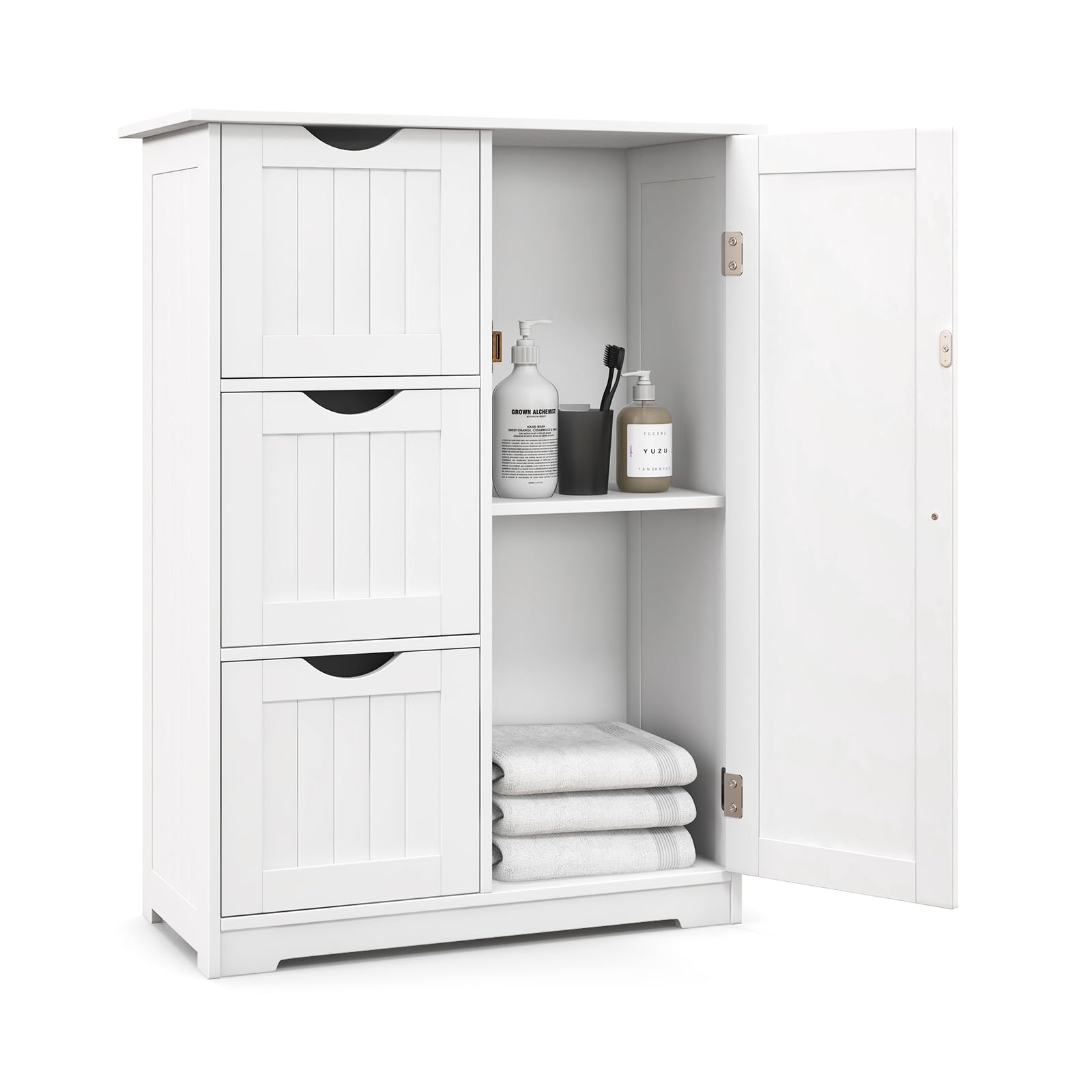 GOPLUS Meuble de Salle de Bain avec 3 Tiroirs, Meuble Rangement Placard avec Porte Magnétique, Anti-Basculement & Étagère Réglable, 58x28x81cm, Blanc