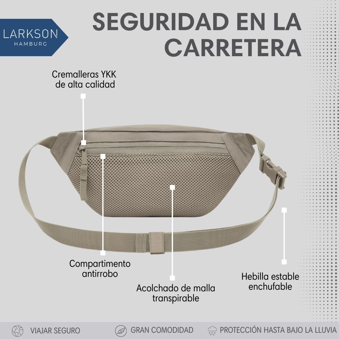 Larkson Riñonera Mujer y Hombre Gris - Ole - Bolsa en Bandolera para Festivales, Viajes y Deportes - Pequeña Bolsa de Cintura - Repelente al Agua