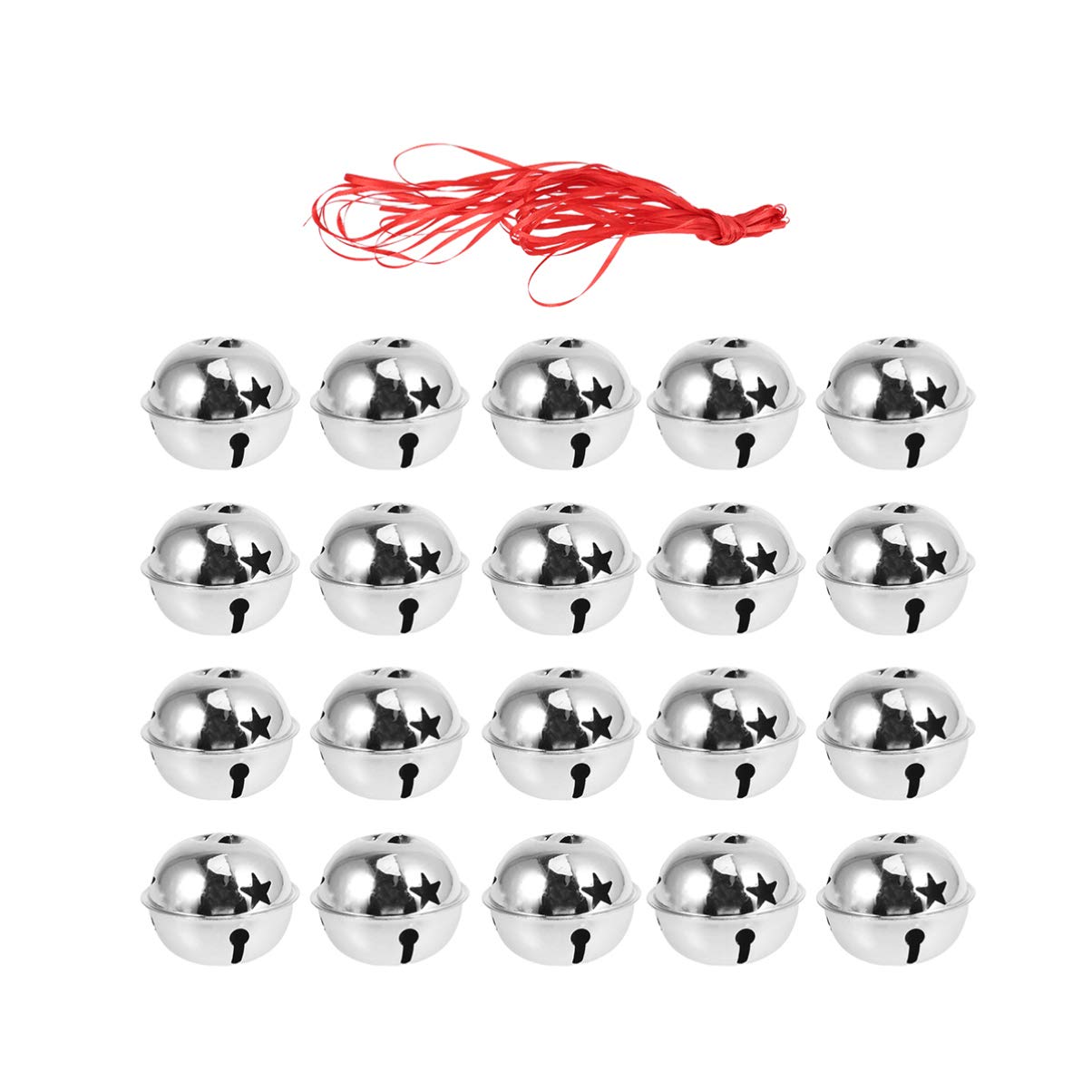 Soimiss Silver 20Pcs 4Cm Christmas Jingle Bells Christmas Star Bells Craft Metal With Ribbon For Xmas Holiday Party Decoration (Silver)