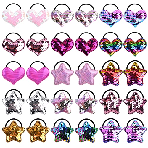 inSowni 30 Pack/15 works Glitter Sequin Heart Star Hair Ties Scrunchies Elastics Pigtail Ponytail Holders Hair Bows Rubber Bands Hair Ropes with Charms Accessories for Baby Girls Infants Toddlers Kids
