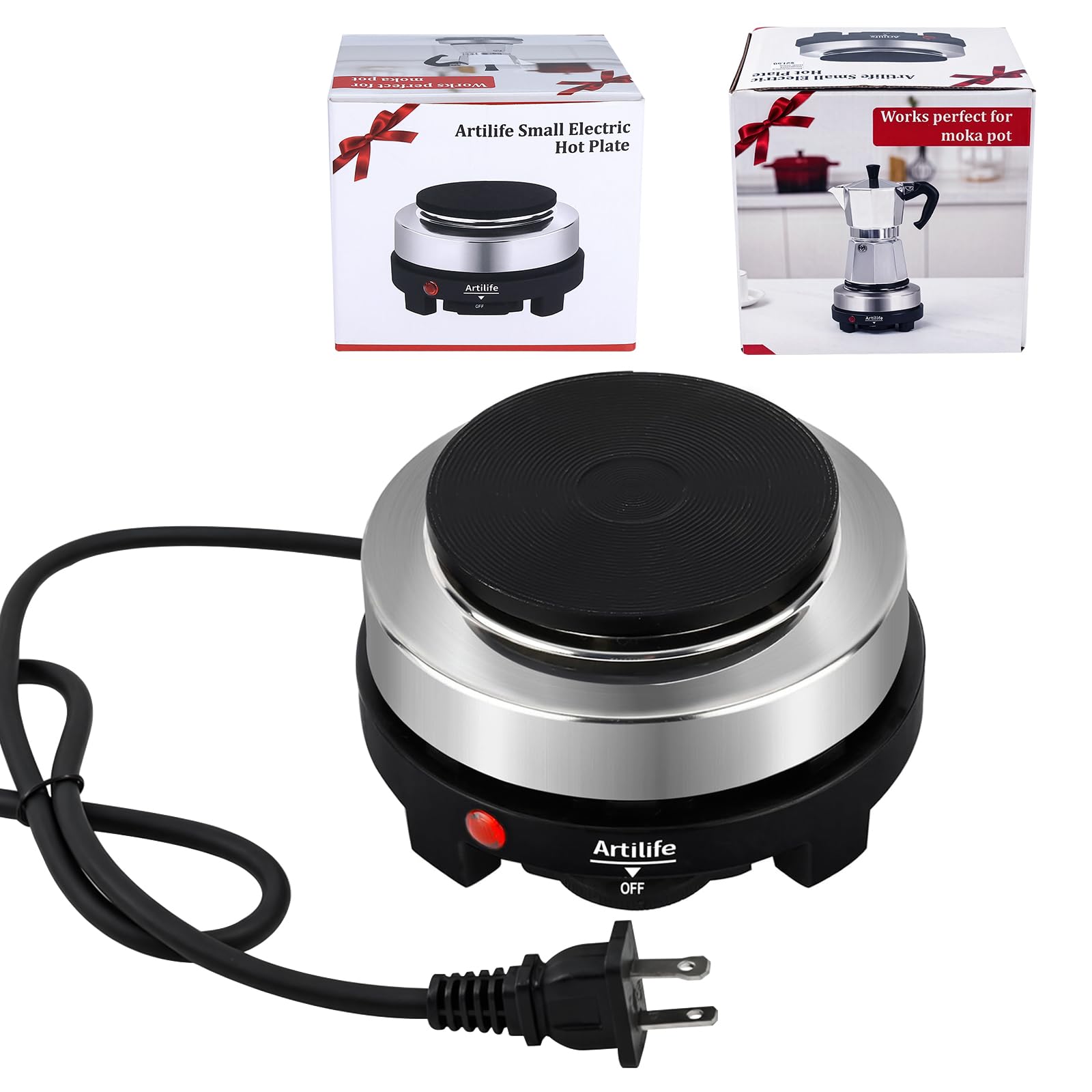 Artilife 500W Small Hot Plate Mini Hot Plate,Artilife 500w Small Electric Hot Plate,Mini Stove Portable Stove Kitchen Cooktop Electric Heater,Perfect Size for Moka Pot 110V