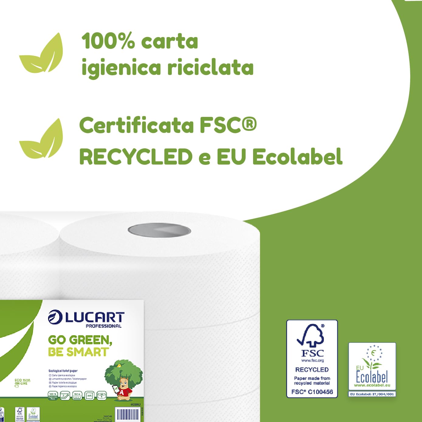 Lucart Professional, Confezione da 6 Rotoli Jumbo di Carta Igienica Ecologica, 2 Veli, Morbida e Consistente, 100% Riciclata, Certificata FSC Recycled, Color Bianco