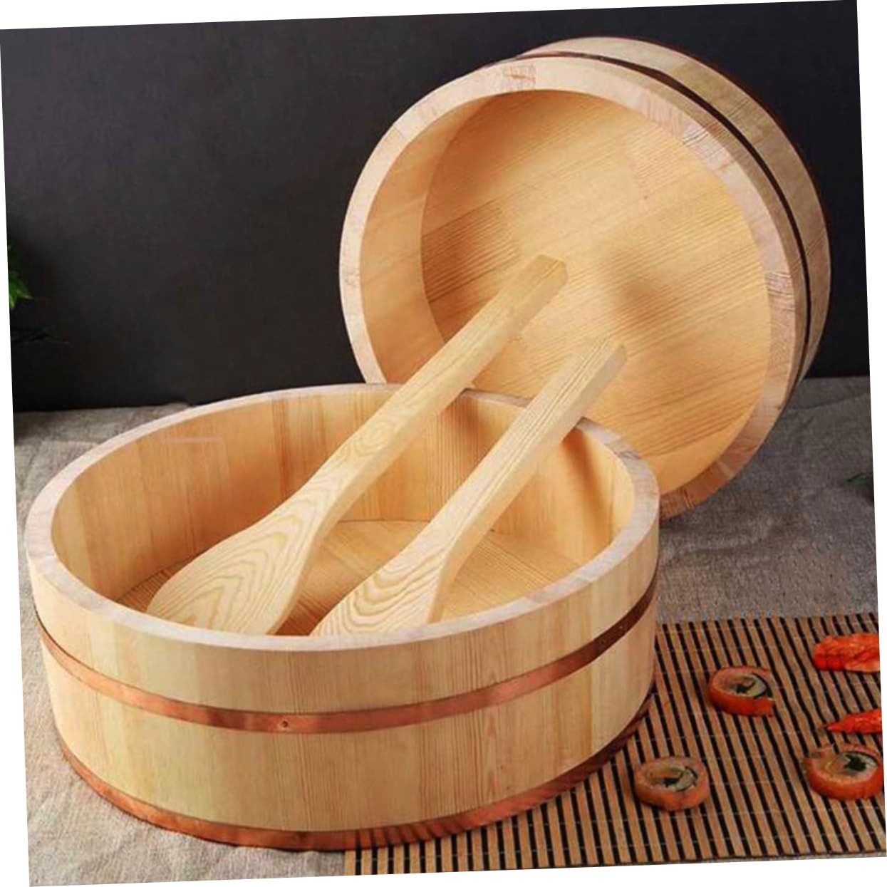PRETYZOOM Seau à Riz à Sushi Plateau de Service en Bois et Cuivre Rond Absorbe L’humidité du Riz, Refroidit Vite, pour Restaurant ou Maison