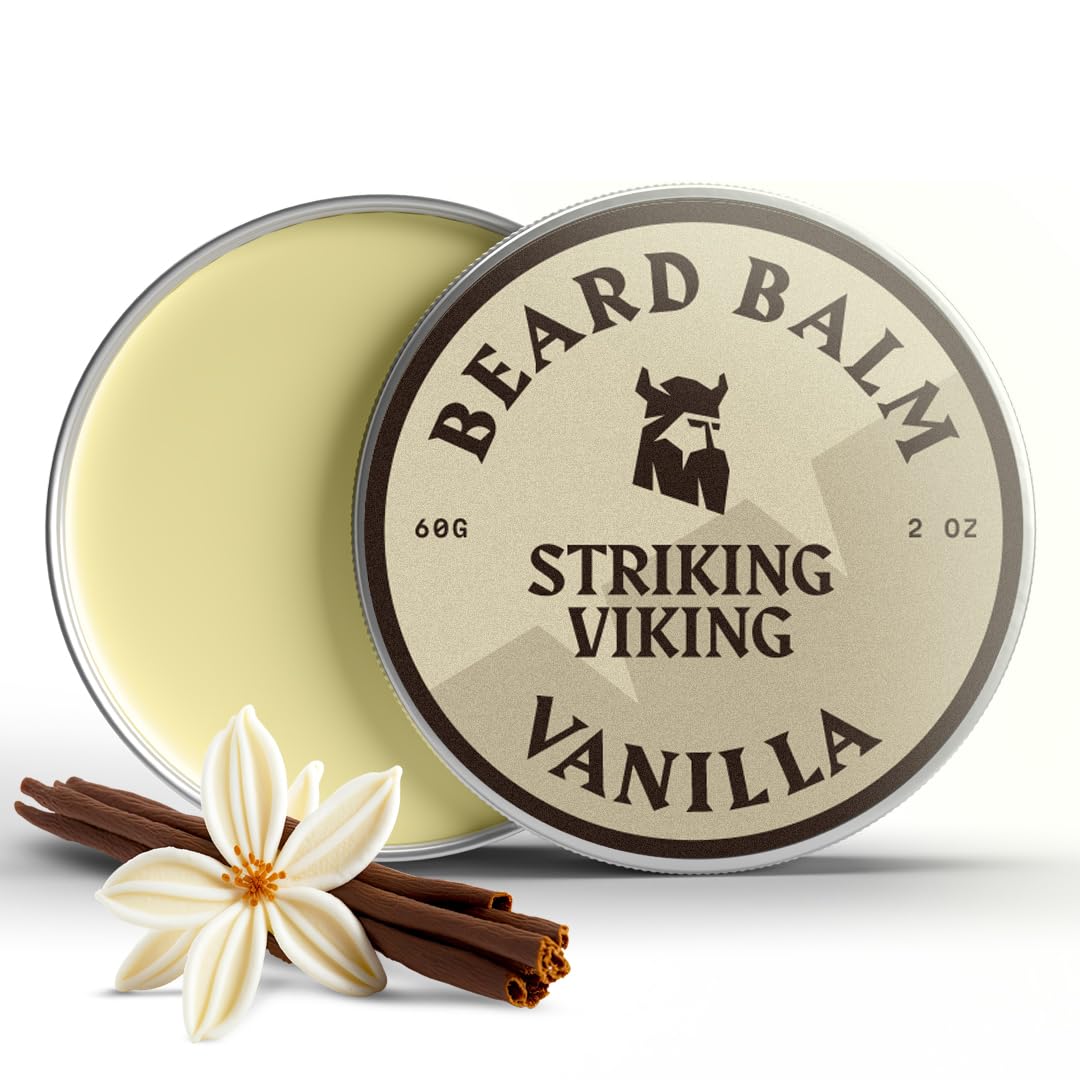 Striking Viking Beard Balm for Men - 2 oz, Vanilla Scent - Light Hold Moisturizer & Beard Conditioner for Men That Softens & Nourishes Coarse Facial Hair with Shea Butter & Tea Tree Oil