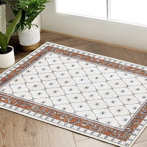 jinchan Area Rug 2x3 Moroccan Trellis Entryway Doormat Washable Rug Indoor Geometric Small Mat Non Slip Bordered Floral Tile Floor Cover Thin Farmhous